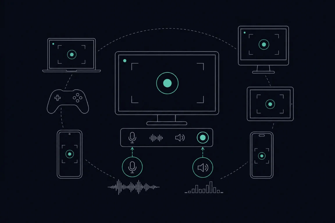 Computers, phones, a tablet and a game controller surround a screen recorder with separate microphone and system audio controls.