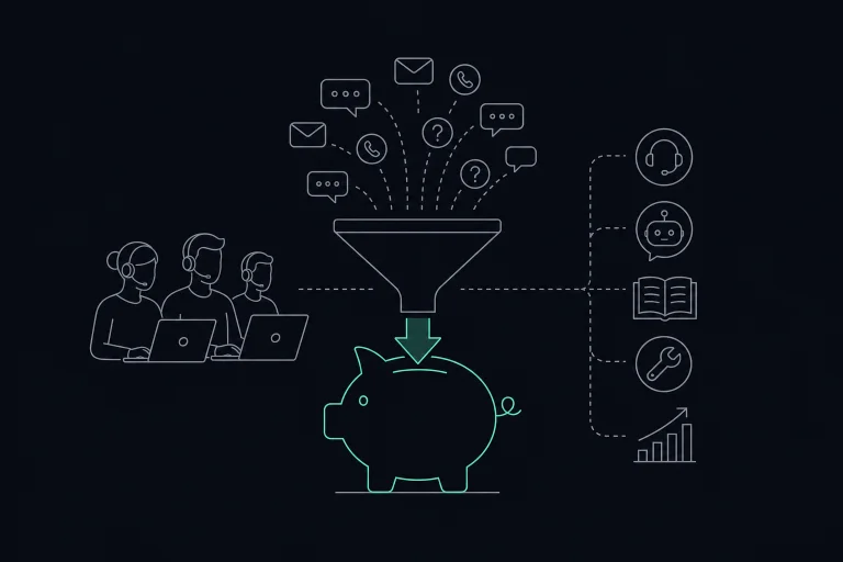 Support requests flow through a funnel toward savings, alongside agents, AI, documentation, product fixes and metrics.