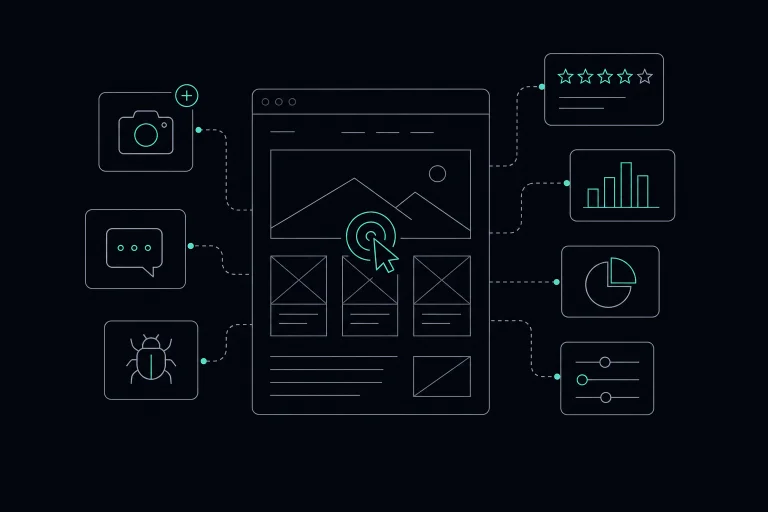 A website connects visual feedback, comments and bug reports with ratings, analytics and survey controls.